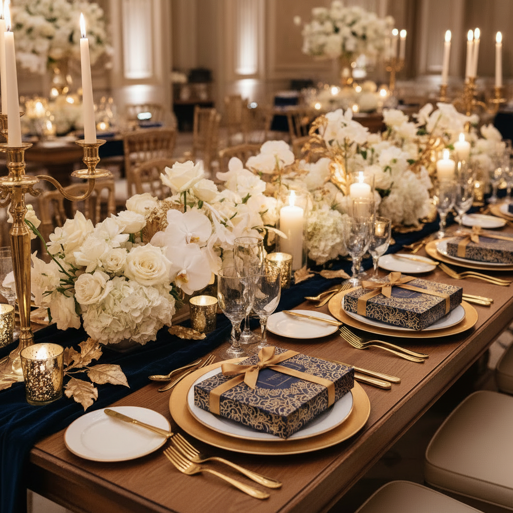 Luxury wedding cookie favor boxes with gold ribbon — custom artisan cookies for weddings and events, South Florida